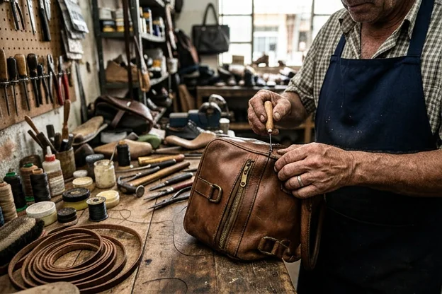 Bolsa de couro sendo reformada por um sapateiro em um ambiente profissional.